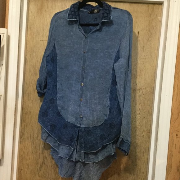 Minkas multi media button front long blouse blue with layers and embroidery - Picture 1 of 8